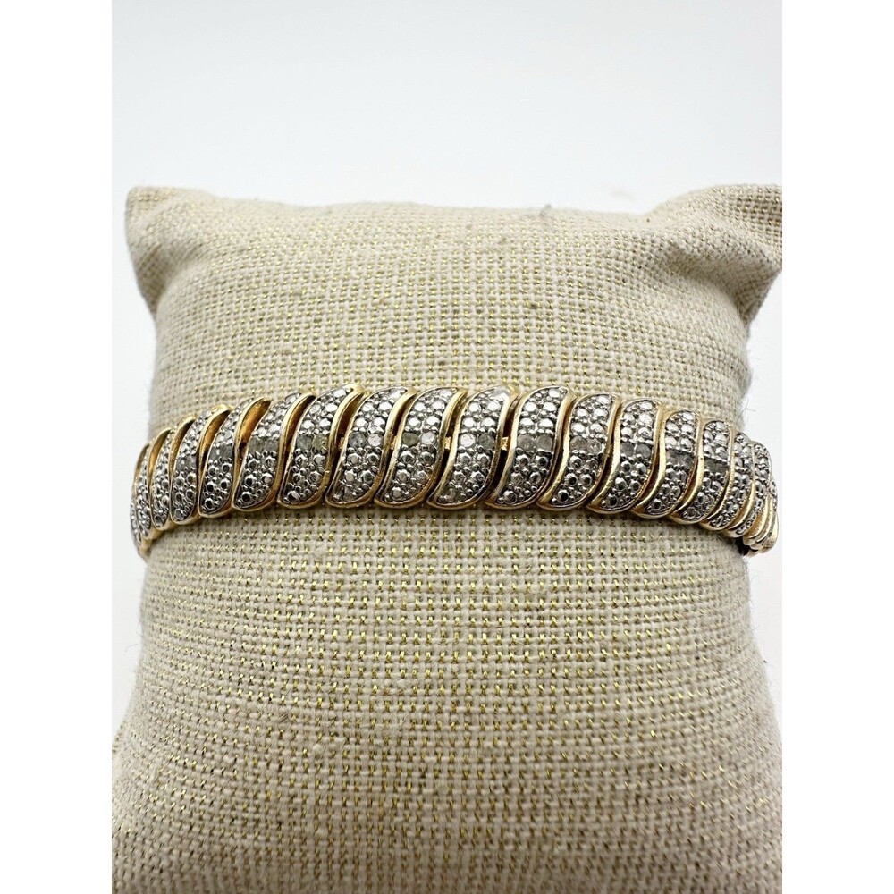 Vintage Signed CI Gold Plated Genuine Diamond Tennis Bracelet 7.5”